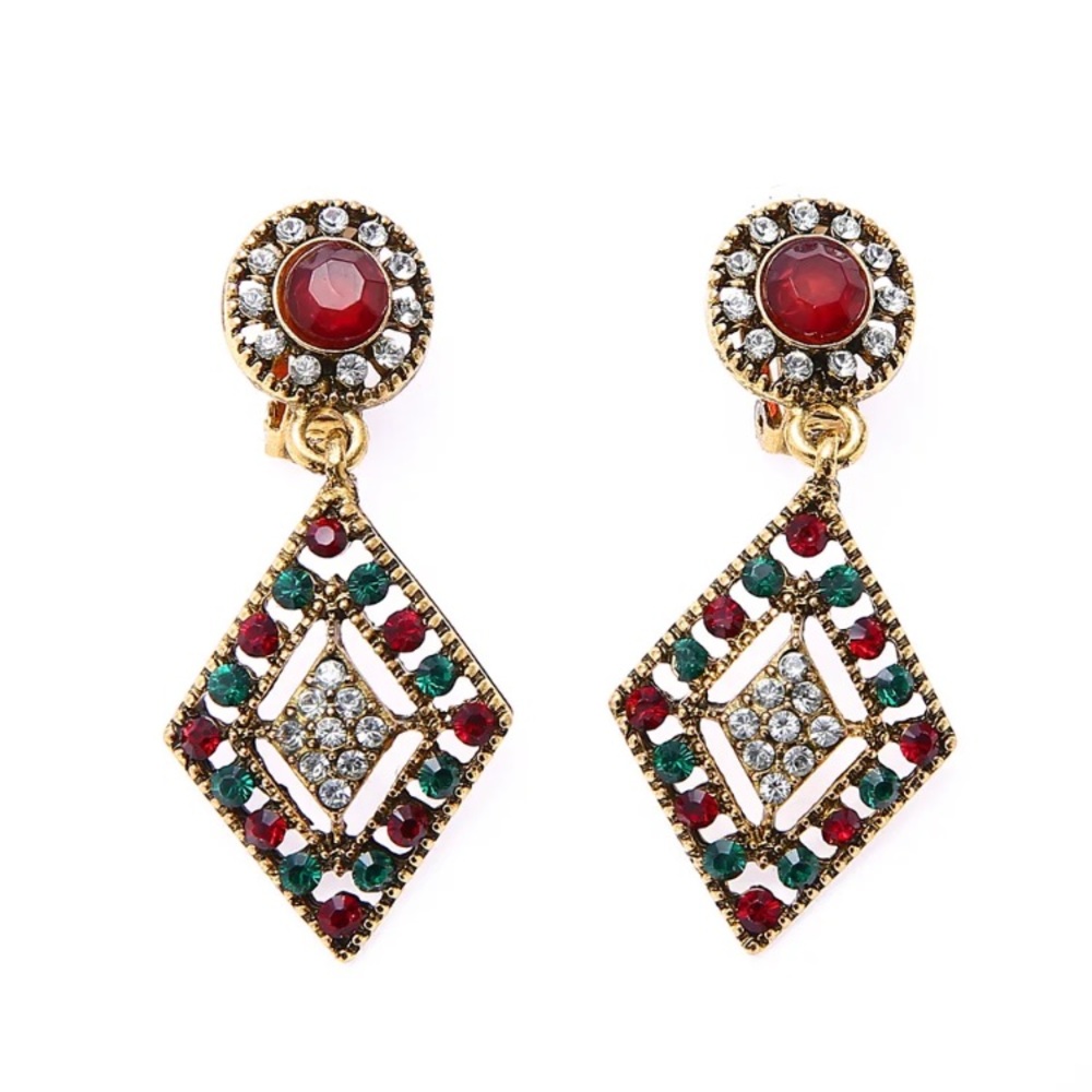 Green red antique gold drop stud earrings